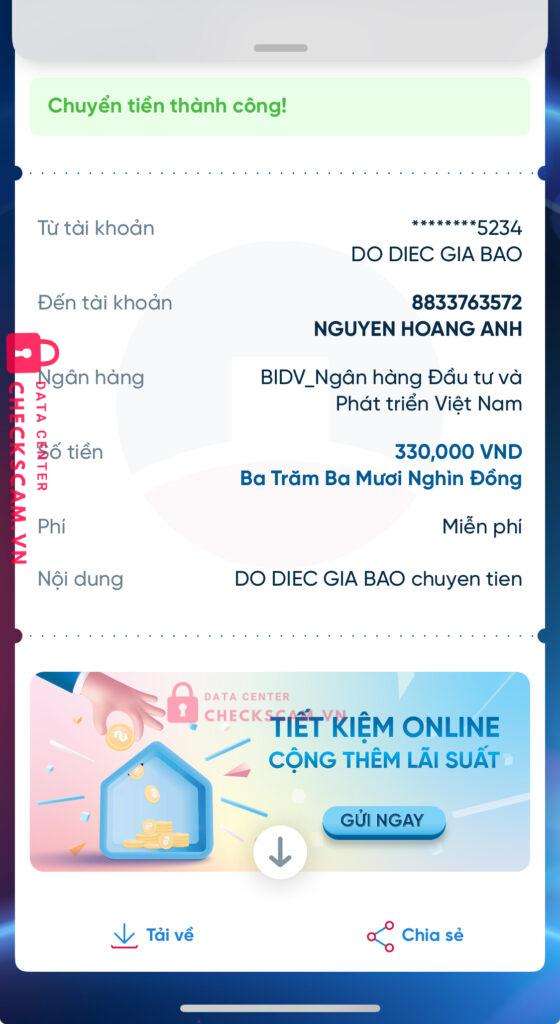 8833763572 NGUYEN HOANG ANH BIDV bị cảnh báo lừa đảo scam