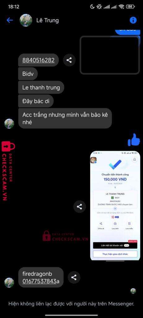 8840516282 LE THANH TRUNG BIDV bị cảnh báo lừa đảo scam