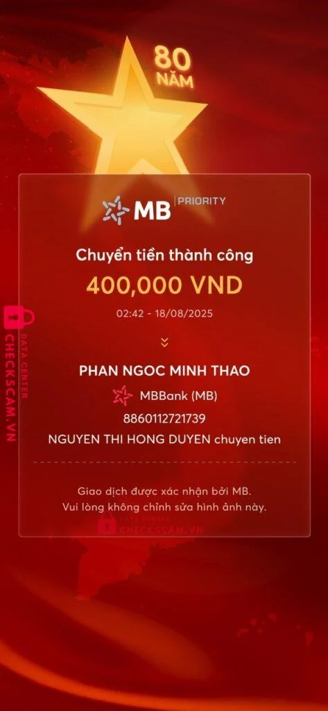 8860112721739 PHAM NGOC MINH THAO MB bị cảnh báo lừa đảo scam