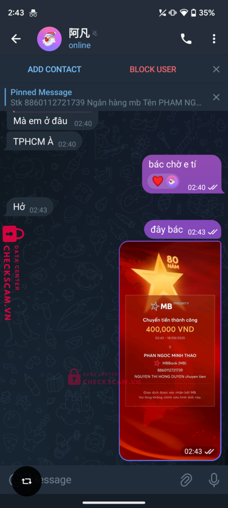 8860112721739 PHAM NGOC MINH THAO MB bị cảnh báo lừa đảo scam