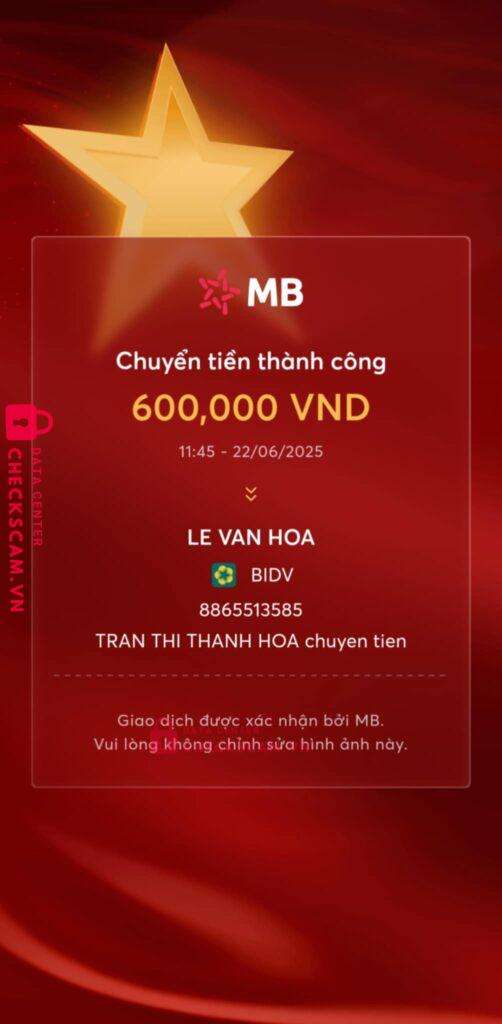 8865513585 LE VAN HOA BIDV bị cảnh báo lừa đảo scam