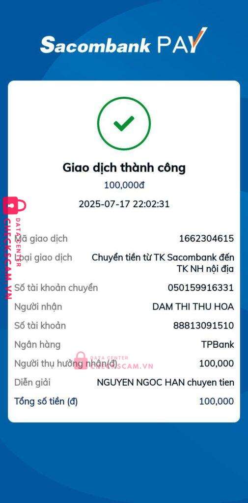 88813091510 DAM THI THU HOA TP Bank bị cảnh báo lừa đảo scam