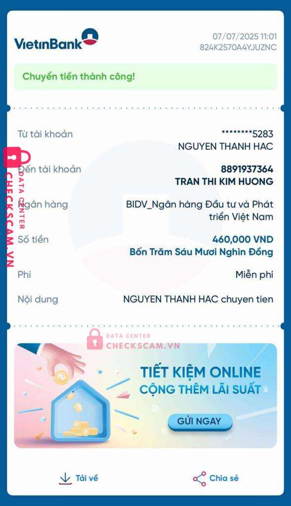8891937364 Tran Thi Kim Huong BIDV bị cảnh báo lừa đảo scam