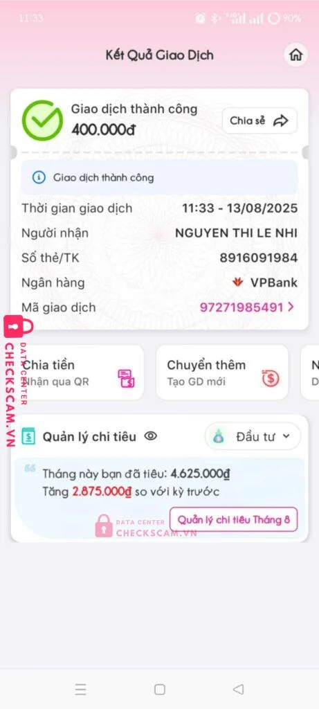 8916091984 NGUYEN THI LE NHI VP BANK bị cảnh báo lừa đảo scam