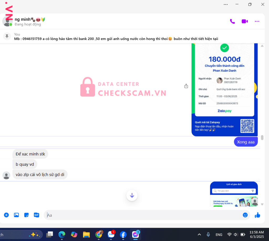 0931283119 Phan Xuan Danh Zalo Pay bị cảnh báo lừa đảo scam