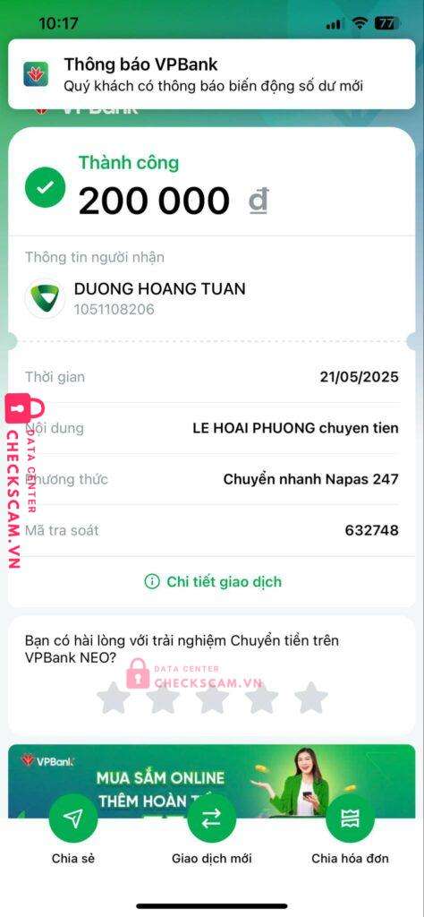 1051108206 Duong Hoang Tuan VCB bị cảnh báo lừa đảo scam