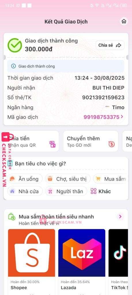 9021392159623 Bui Thi Diep Timo Bank bị cảnh báo lừa đảo scam