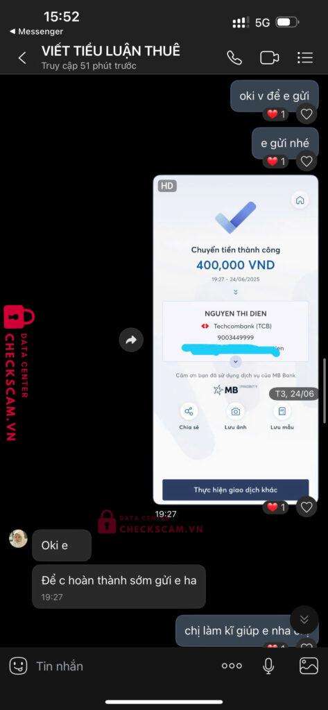 9003449999 NGUYEN THI DIEN Techcombank bị cảnh báo lừa đảo scam