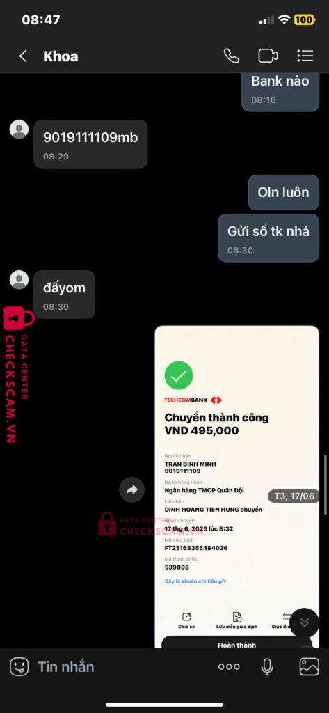 9019111109 TRAN BINH MINH MB bị cảnh báo lừa đảo scam