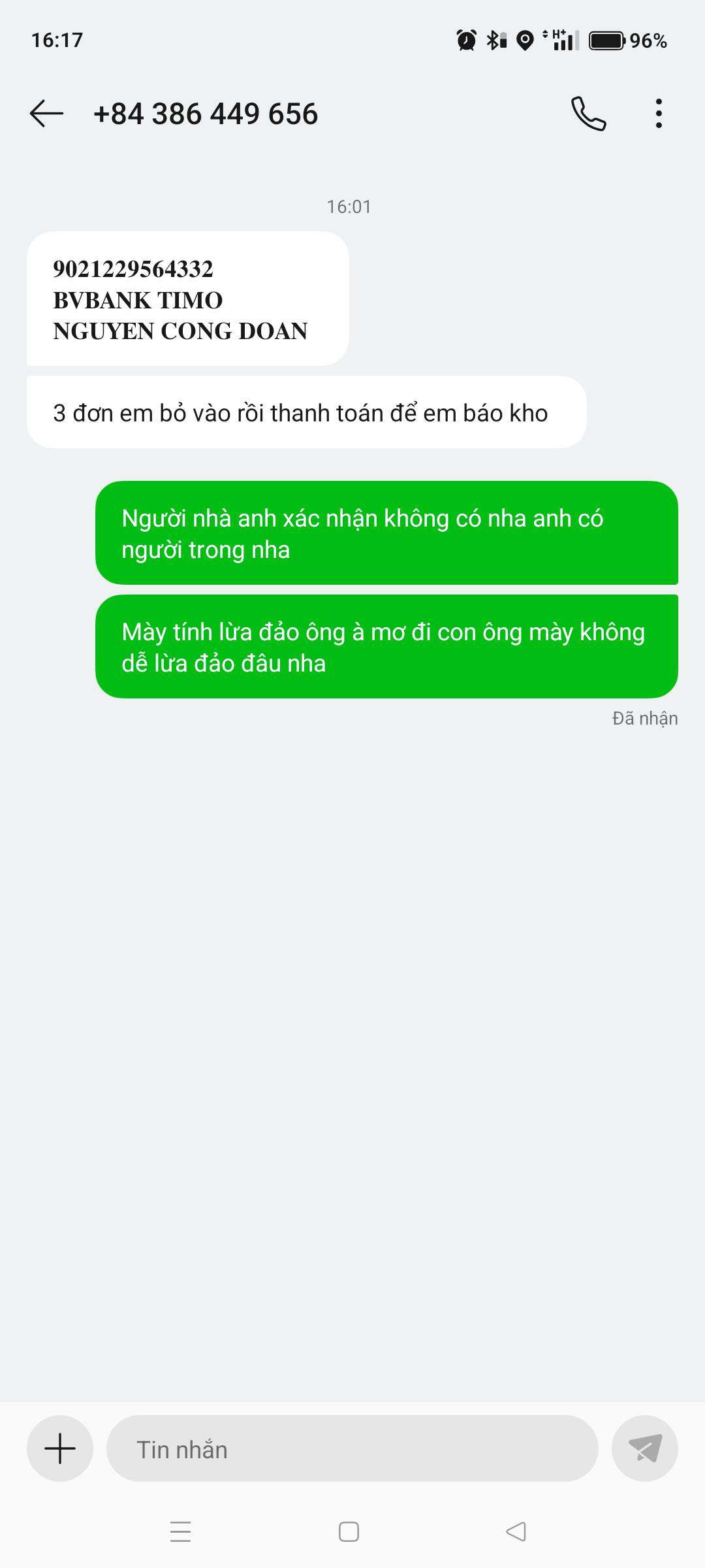 9021229564332 Nguyen Cong Doan Timo Bank bị cảnh báo lừa đảo scam
