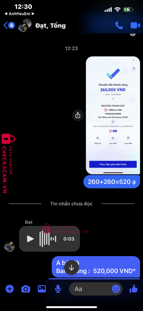 91888686868888 NGUYEN THANH DAT MB bị cảnh báo lừa đảo scam