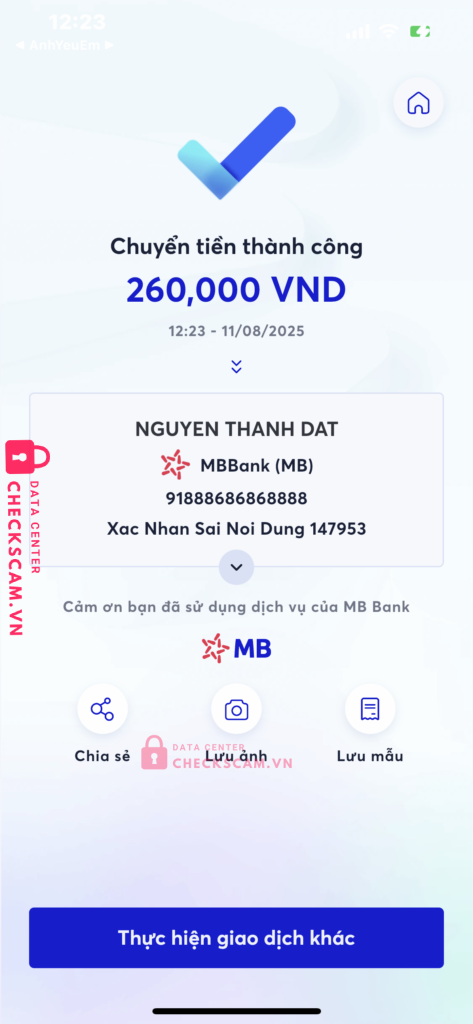 91888686868888 NGUYEN THANH DAT MB bị cảnh báo lừa đảo scam