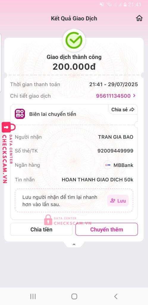92009449999 TRAN GIA BAO MB bị cảnh báo lừa đảo scam