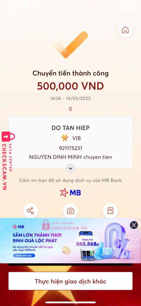 921175231 Do Tan Hiep VIB bị cảnh báo lừa đảo scam