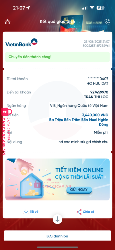 927459970 Tran Thi Loc VIB bị cảnh báo lừa đảo scam