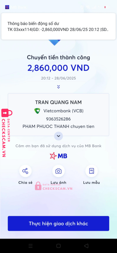 9363526286 TRAN QUANG NAM VCB bị cảnh báo lừa đảo scam