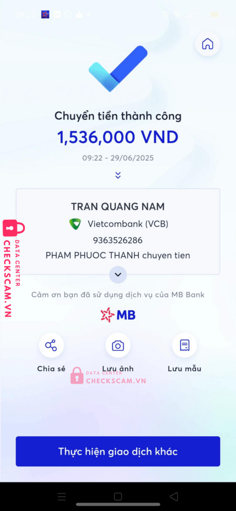9363526286 TRAN QUANG NAM VCB bị cảnh báo lừa đảo scam