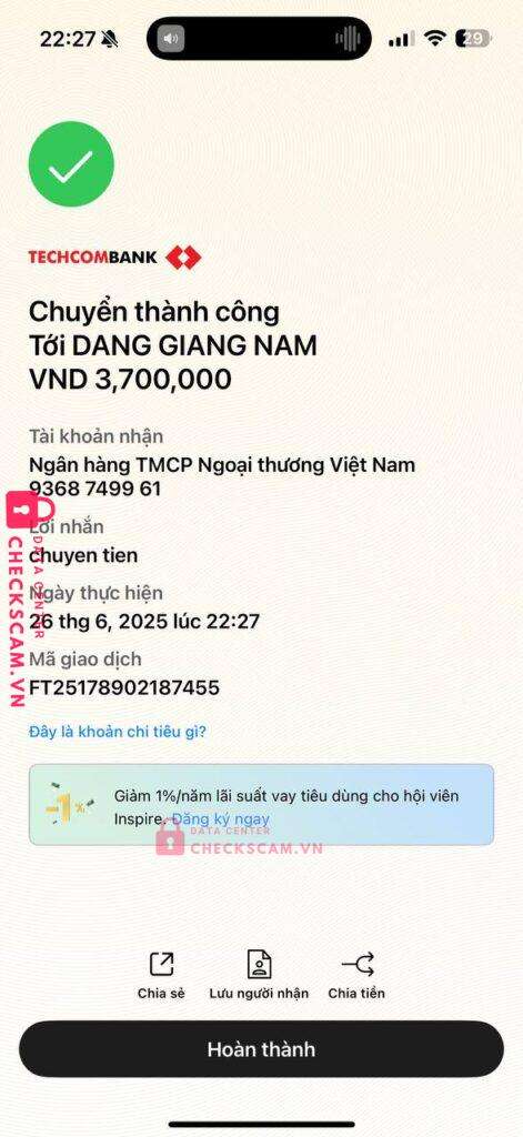 9368749961 DANG GIANG NAM VCB bị cảnh báo lừa đảo scam