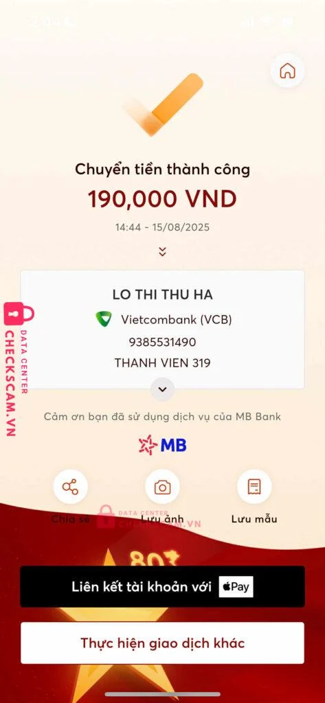 9385531490 LO THI THU HA VCB bị cảnh báo lừa đảo scam