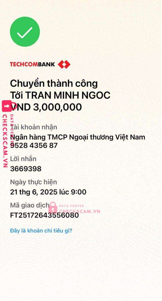 9528435687 TRAN MINH NGOC VCB bị cảnh báo lừa đảo scam