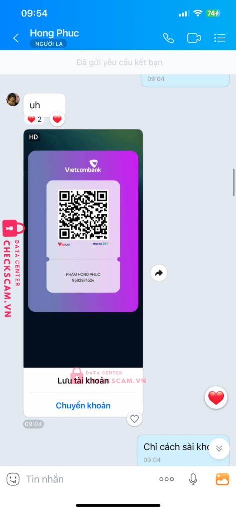 9582974524 PHAM HONG PHUC Vietcombank bị cảnh báo lừa đảo scam