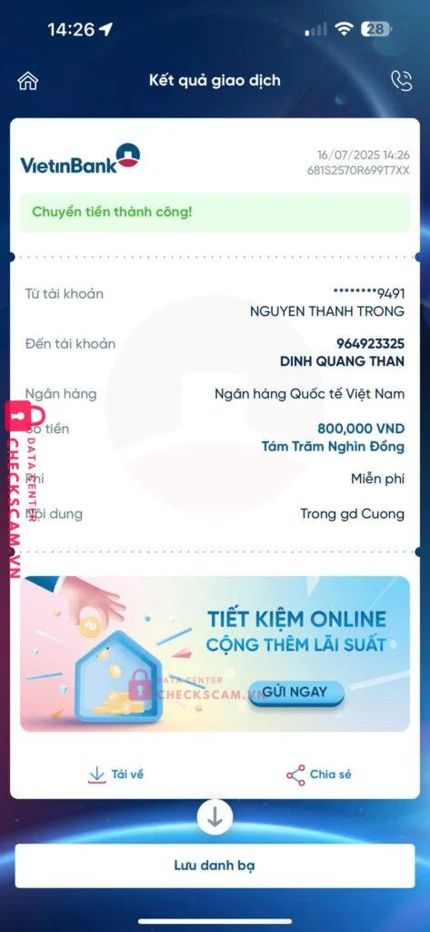964923325 Dinh Quang Than VIB bị cảnh báo lừa đảo scam