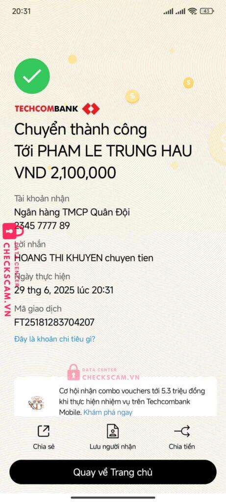 9896664278 PHAM LE TRUNG HAU MB bị cảnh báo lừa đảo scam