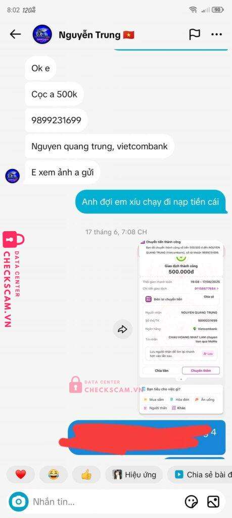 9899231699 NGUYEN QUANG TRUNG VCB bị cảnh báo lừa đảo scam