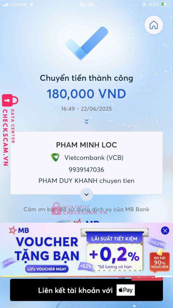 9939147036 PHAM MINH LOC VCB bị cảnh báo lừa đảo scam