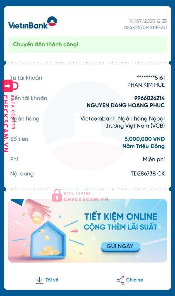 9966026214 Nguyen Dang Hoang Phuc VCB bị cảnh báo lừa đảo scam