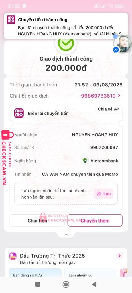 9967266987 NGUYEN HOANG HUY VCB bị cảnh báo lừa đảo scam