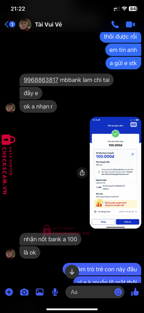 9968863817 LAM CHI TAI MB bị cảnh báo lừa đảo scam