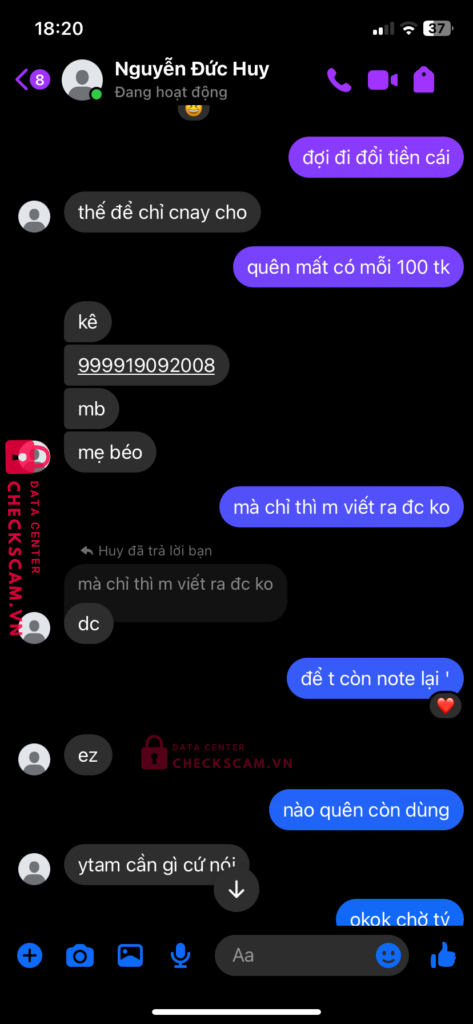 999919092008 NGUYEN DUC HUY MB bị cảnh báo lừa đảo scam