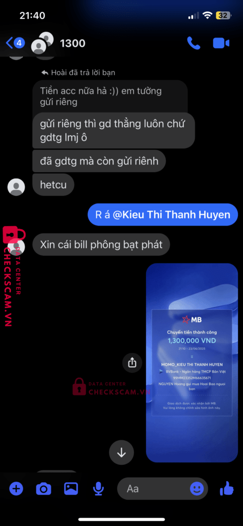 99MM23352M66635671 KIEU THI THANH HUYEN BV BANK bị cảnh báo lừa đảo scam