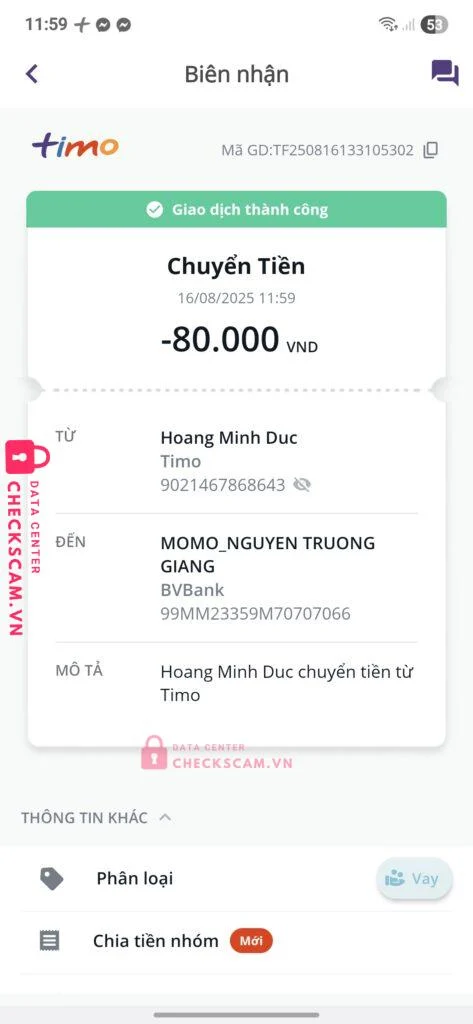 99MM23359M70707066 NGUYEN TRUONG GIANG MB bị cảnh báo lừa đảo scam