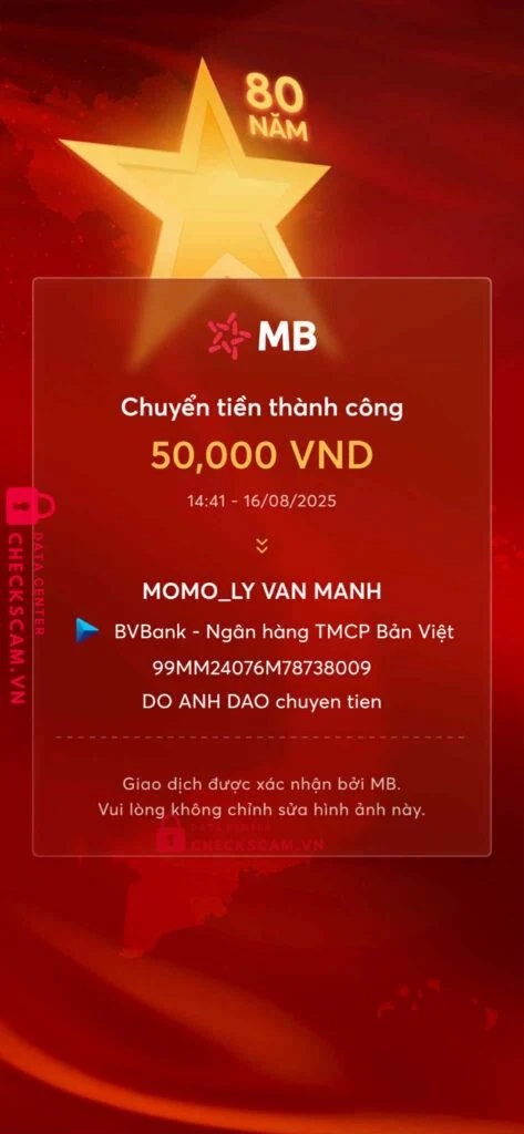 99MM24076M78738009 LY VAN MANH BV BANK bị cảnh báo lừa đảo scam