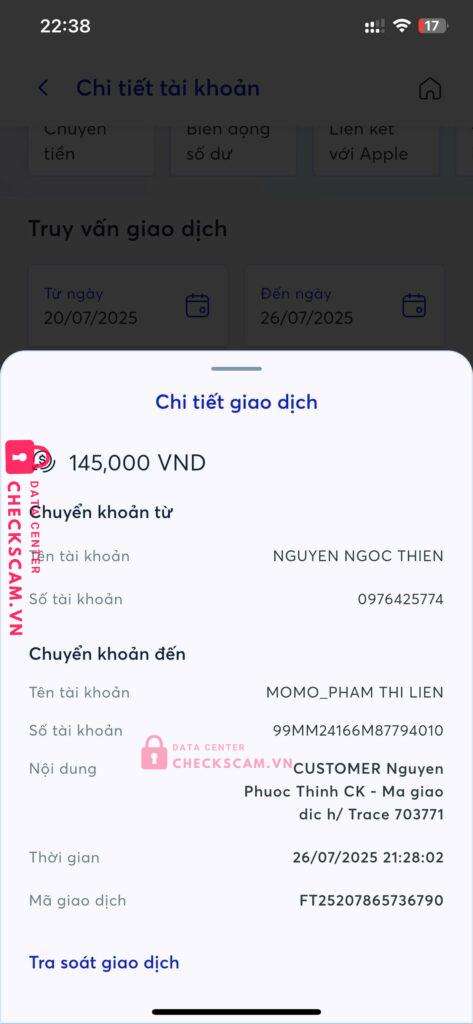 99MM24166M87794010 PHAM THI LIEN BV BANK bị cảnh báo lừa đảo scam