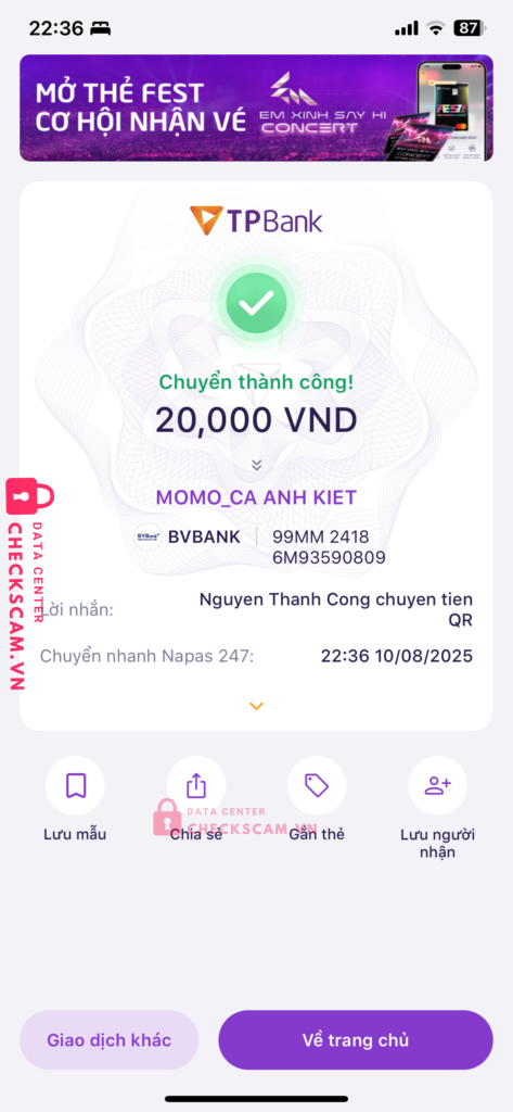 99MM24186M93590809 CA ANH KIET BV BANK bị cảnh báo lừa đảo scam