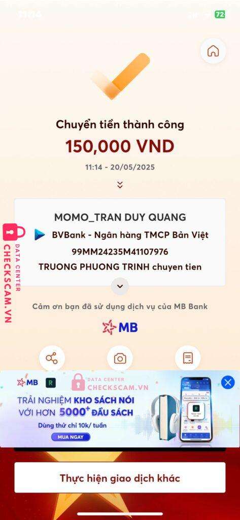 99MM24235M41107976 Tran Duy Quang BV BANK bị cảnh báo lừa đảo scam