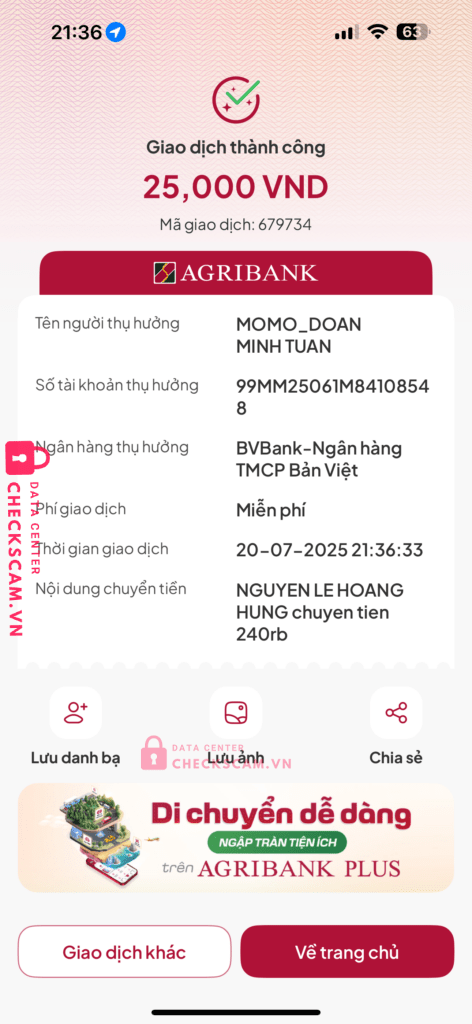 99MM25061M84108548 DOAN MINH TUAN BV BANK bị cảnh báo lừa đảo scam