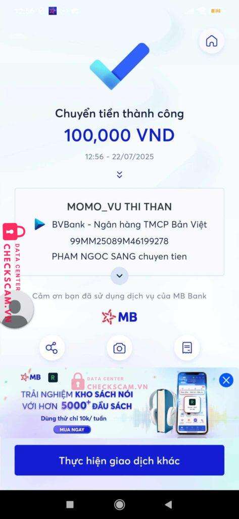99MM25089M46199278 VU THI THAN BV BANK bị cảnh báo lừa đảo scam