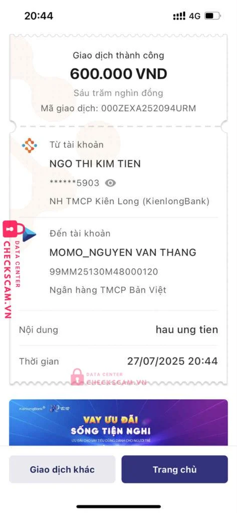 99MM25130M48000120 NGUYEN VAN THANG BV BANK bị cảnh báo lừa đảo scam