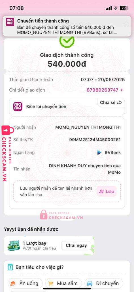 99MM25134M45000261 Nguyen Thi Mong Thi BV BANK bị cảnh báo lừa đảo scam