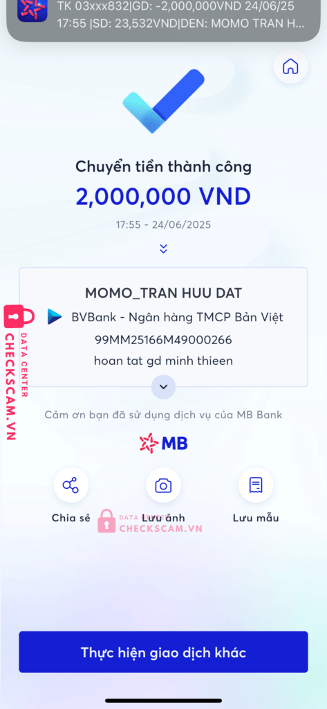 99MM25166M49000266 TRAN HUU DAT BV BANK bị cảnh báo lừa đảo scam
