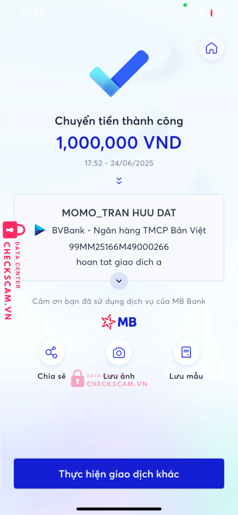 99MM25166M49000266 TRAN HUU DAT BV BANK bị cảnh báo lừa đảo scam