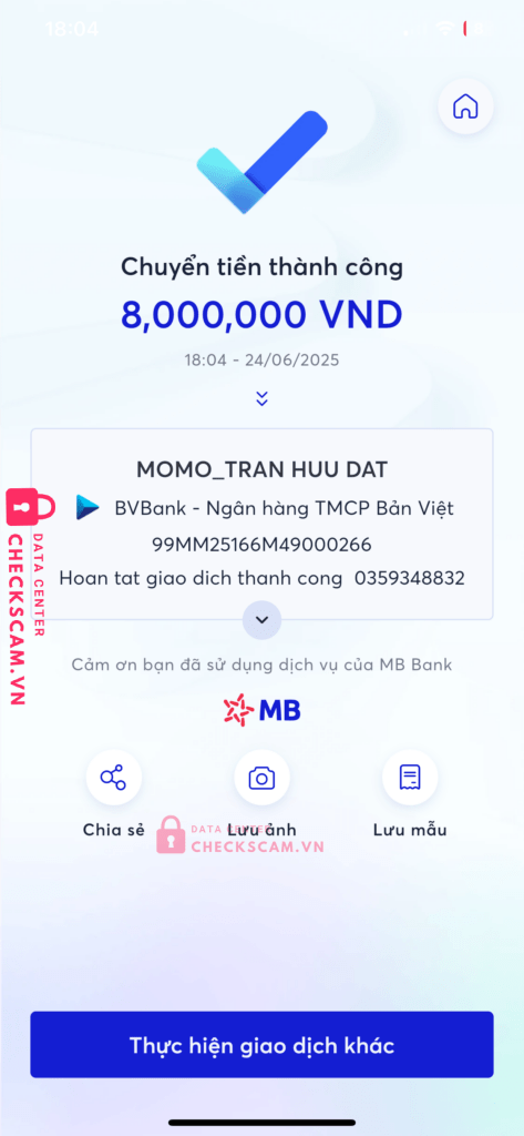99MM25166M49000266 TRAN HUU DAT BV BANK bị cảnh báo lừa đảo scam