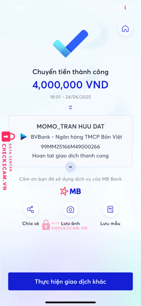 99MM25166M49000266 TRAN HUU DAT BV BANK bị cảnh báo lừa đảo scam