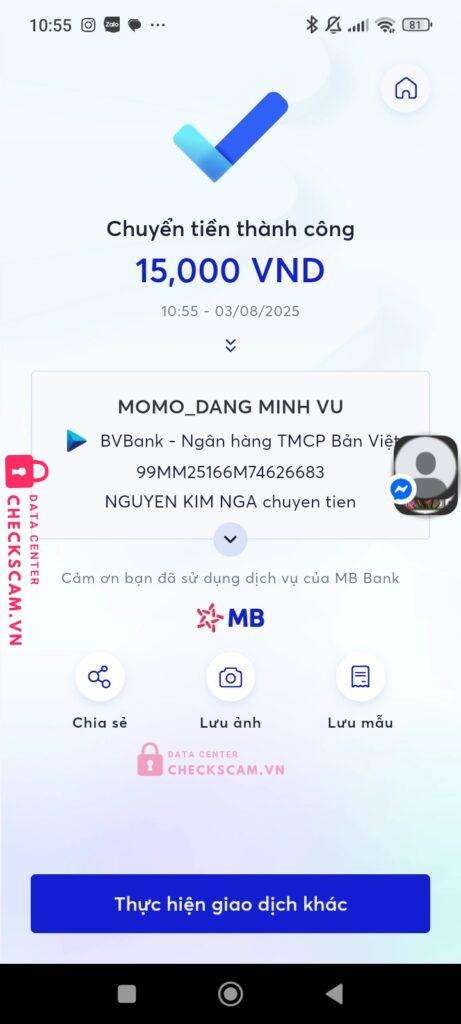 99MM25166M74626683 DANG MINH VU BV BANK bị cảnh báo lừa đảo scam