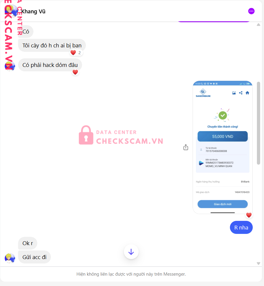 99MM25173M83930372 VU MINH QUAN BV BANK bị cảnh báo lừa đảo scam