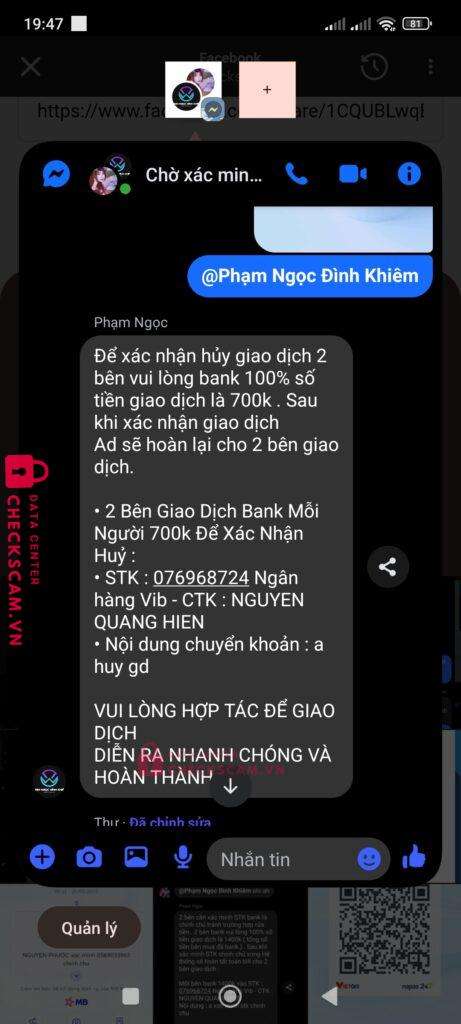 99MM25174M51000217 PHAM NGOC DINH KHIEM BV BANK bị cảnh báo lừa đảo scam